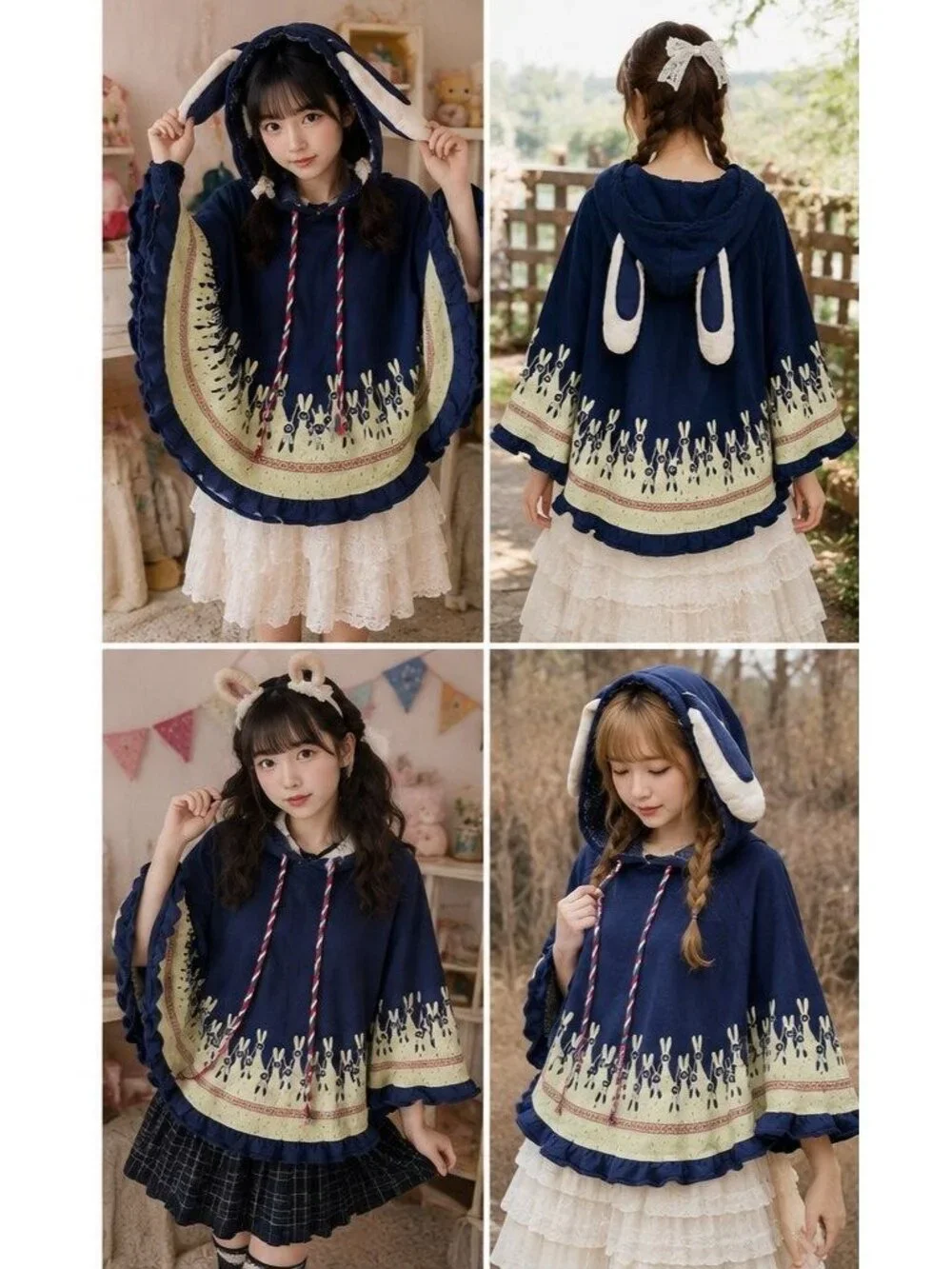 Yue Ran Youth XL Bunny Ear Hooded Poncho Cape Rabbit Print Kawaii Blue - Picture 6 of 8